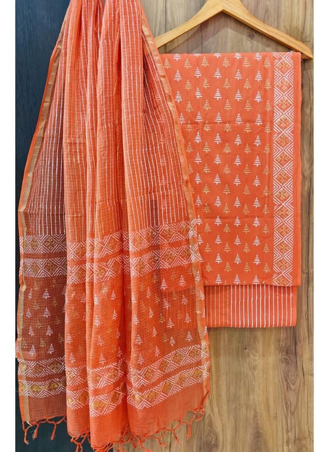 Cotton Orange Casual Wear Printed Dress Material